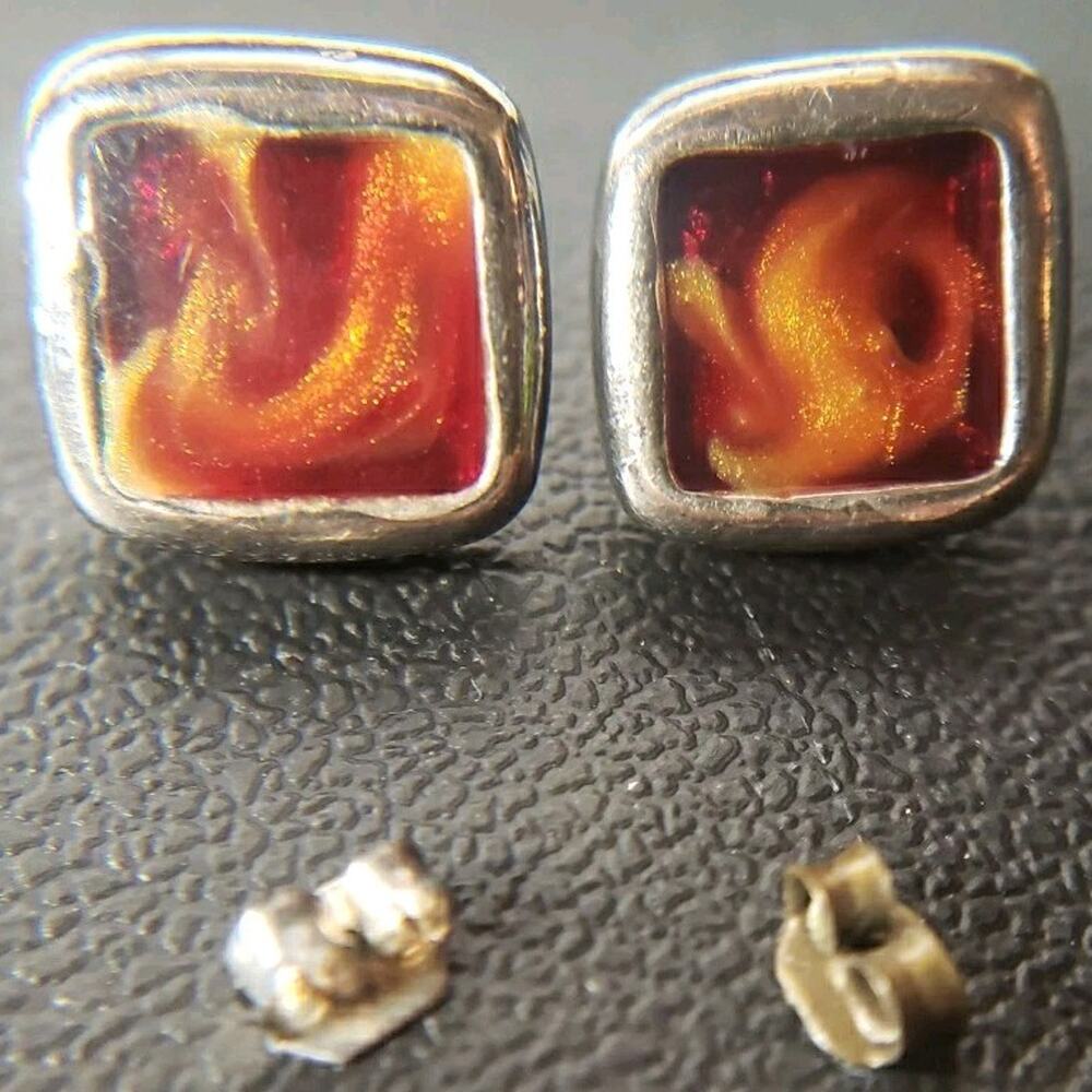 Vintage NAPIER Inspired 1980s Red Orange Swirl Enamel/Resin Square Post Earrings